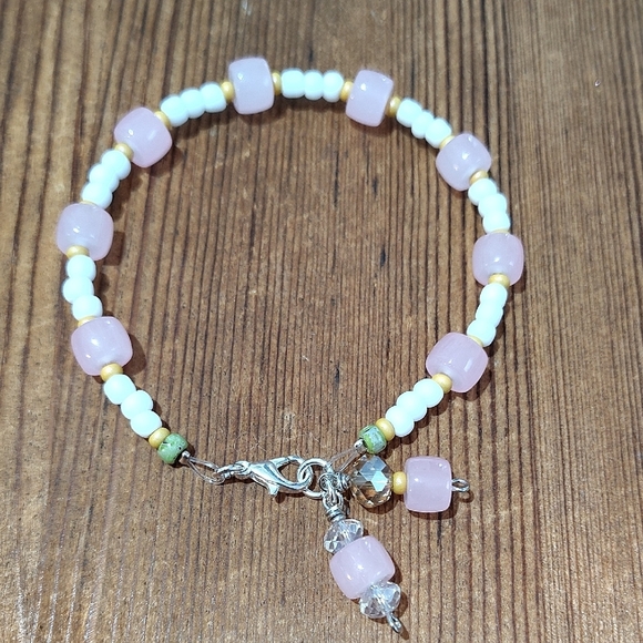 Beaded Ladies Bracelet, Pink and Matte White Handmade Ladies Bracelet - Picture 3 of 6